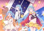  arms_behind_back blue_eyes blue_hair cape hatsune_miku hika_(ozeluk) long_hair looking_back midriff multiple_girls navel open_mouth sailor_collar skirt smile star stuffed_animal stuffed_toy teddy_bear twintails very_long_hair vocaloid window young 
