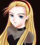  1girl blonde_hair blue_eyes breasts choker cleavage dorothy_catalonia earrings elbow_gloves eyebrows fringe gem gloves gundam gundam_wing highres jewelry kthovhinao_virmi long_hair see-through solo 