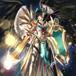  alternate_weapon armor black_hair black_wings bow breasts cape cosplay ear_protection feathers hair_bow hannah_santos league_of_legends leona_(league_of_legends) leona_(league_of_legends)_(cosplay) long_hair mismatched_footwear radiation_symbol red_eyes reiuji_utsuho shield signature sword third_eye touhou weapon wings 