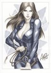  belt blue_eyes bodysuit breasts brown_hair cleavage danger_girl leather long_hair marker_(medium) muted_color signature solo stanley_lau sydney_savage traditional_media whip zipper 