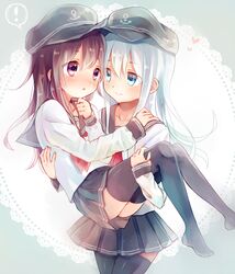  ! 2girls akatsuki_(kantai_collection) ame_usako black_hair carrying hat heart hibiki_(kantai_collection) kantai_collection long_hair multiple_girls personification princess_carry school_uniform serafuku silver_hair skirt smile 