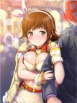  1girl arm_grab belt blush breasts brown_hair cleavage coat earrings faceless faceless_male hair_ribbon hairband honda_mio idolmaster idolmaster_cinderella_girls jewelry large_breasts midriff navel poponpin producer_(idolmaster) ribbon short_hair skirt smile yellow_eyes 