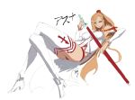  asuna_(sao) boots breasts brown_eyes brown_hair crossed_legs detached_sleeves drawfag high_heels large_breasts legs legs_crossed long_hair long_legs panties reclining red_panties shoes sitting solo sword sword_art_online thigh-highs thigh_boots thighhighs thighs underwear weapon white_legwear 