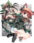  animal_ears braid brown_hair cat_ears extra_ears hair_ribbon highres kaenbyou_rin loafers multiple_girls no_socks open_clothes open_shirt panties pointy_ears red_eyes red_hair redhead reiuji_utsuho revision ribbon shirt shoes striped striped_panties tomato_kandume touhou twin_braids underwear 