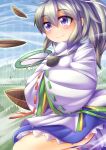 1girl bare_legs blush bowl fun_bo hands_in_sleeves long_sleeves mononobe_no_futo plate ponytail silver_hair smile solo touhou violet_eyes wide_sleeves 