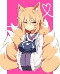  animal_ears blonde_hair blush breast_rest breasts bust dress fox_ears fox_tail hands_in_sleeves heart large_breasts long_sleeves multiple_tails no_hat no_headwear short_hair solo tabard tail touhou white_dress wide_sleeves yakumo_ran yarawi 