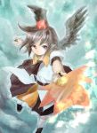  belt black_hair black_wings fan hat makuwauri outstretched_arms pointy_ears red_eyes shameimaru_aya short_hair skirt solo tokin_hat touhou wings 