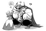  1girl ? beard bracelet cape character_request closed_eyes crossed_arms elbow_gloves eyes_closed facial_hair gloves gown hat height_difference horned_helmet horns jewelry looking_away monochrome nitorou pout queen_merelda shake_king short_hair size_difference spiked_bracelet spikes squatting wario_land 