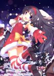  1girl :d alluka_zoldyck androgynous arm_ribbon black_hair bow building chimney christmas_tree fence gloves hairband highres holding hunter_x_hunter legs_up long_hair looking_at_viewer male open_mouth panties purple_eyes red_gloves red_panties ribbon sack smile snowing solo star striped striped_legwear sura_(mana0703) thigh-highs thighhighs trap underwear violet_eyes 