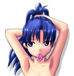  armpits arms_up blue_eyes blue_hair clearite idolmaster kisaragi_chihaya long_hair mouth_hold nude simple_background solo white_background 