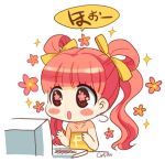  :o bare_shoulders black_eyes blush_stickers chibi computer computer_keyboard flower flower-shaped_pupils long_hair lowres neko_sakana no_nose open_mouth original personification pink_hair pixa signature solo sparkle symbol-shaped_pupils twintails 