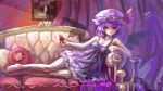  barefoot bat_wings chemise couch cup dated hat highres myero purple_hair red_eyes remilia_scarlet short_hair signature smile solo touhou wine_glass wings 