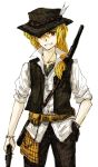  1boy alternate_costume alternate_headwear blonde_hair genderswap gun hat hat_over_one_eye kirisame_marisa pistol rhapsode short_hair solo touhou vest weapon 