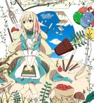  apple balloon blonde_hair book cake cream food food_on_face fork fruit highres kagerou_project leaf long_hair mary_(kagerou_project) mushroom pen plant pocky sinomi sky souzou_forest_(vocaloid) strawberry vase vocaloid 