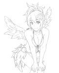  bent_knees breasts cleavage cosmic_break ear emi-tan feathered_wings leaning_forward light_smile lineart looking_at_viewer melfi payot wings 