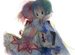  blood bloody_clothes blue_eyes blue_hair bow bubble_skirt cape detached_sleeves dress gloves hair_bow hair_ornament hairclip hug kaname_madoka magical_girl mahou_shoujo_madoka_magica miki_sayaka multiple_girls petticoat pink_dress pink_hair puffy_sleeves shirt short_hair skirt twintails white_gloves yukinohana 