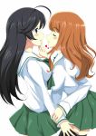  black_hair blue_eyes blush breast_press closed_eyes eyes_closed girls_und_panzer heart incipient_kiss isuzu_hana long_hair multiple_girls open_mouth orange_hair rika_(kakera) school_uniform serafuku skirt takebe_saori thigh-highs thighhighs yuri 