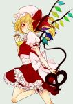  1girl blonde_hair bow dress flandre_scarlet hair_over_one_eye hat high_heels laevatein lips looking_back majoccoid red_eyes shoes slit_pupils solo touhou wings 