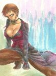  boots breasts brown_eyes brown_hair choker cleavage earrings eyelashes hina_(cassissoda) jewelry king_of_fighters large_breasts long_skirt no_bra pantyhose short_hair shorts_under_skirt skirt solo squatting traditional_media vice watercolor_(medium) 
