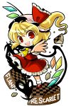  blonde_hair character_name checkered checkered_floor chibi fang flandre_scarlet hat highres open_mouth red_eyes simple_background skirt skirt_set smile socha solo touhou transparent_background wings 