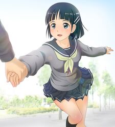  black_hair green_eyes hair_ornament hairclip hand_holding holding_hands kirigaya_suguha kneehighs school_uniform serafuku skirt sweater sword_art_online tears 