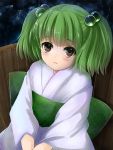  :&lt; blush brown_eyes bucket green_hair hair_bobbles hair_ornament in_bucket in_container japanese_clothes kisume kubozuka_pikurou looking_at_viewer sitting solo touhou twintails 