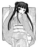  collarbone fushikawa_kokoro japanese_clothes kimono long_hair long_sleeves maji_de_watashi_ni_koi_shinasai! monochrome obi open_mouth solo twintails uemukai_dai wide_sleeves 