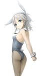  animal_ears ass bare_shoulders blue_eyes braid bunny_ears bunny_tail bunnysuit detached_collar from_behind hands_together highres interlocked_fingers izayoi_sakuya looking_back pantyhose rabbit_ears short_hair silver_hair smile solo tail touhou twin_braids usisan wrist_cuffs 