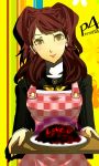  1girl apron atlus breasts brown_eyes brown_hair cute earrings food head_tilt highres jewelry kujikawa_rise long_hair looking_at_viewer megami_tensei persona persona_4 school_uniform solo tray twintails yuzucchi 