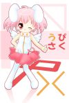  &gt;_&lt; 1girl animal_ears bare_shoulders blush bunny_ears character_name hand_on_hip minase_norihiko original personification pink_eyes pink_hair pixa rabbit_ears short_hair skirt smile solo thigh-highs thighhighs thumbs_up white_legwear wings wink 