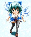 black_legwear blue_dress blue_eyes blue_hair breasts cirno cleavage dress ice ice_wings open_mouth smile touhou wings 