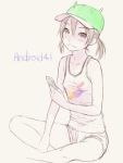  bare_shoulders black_eyes blush brown_hair cellphone collarbone hat holding original phone shimano_natsume short_shorts shorts sitting sketch smile solo twintails white_background 