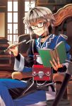  ahoge book calligraphy_brush choker glasses morichika_rinnosuke paintbrush sitting smile solo touhou usaki yellow_eyes 