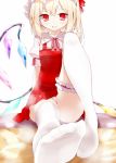  blonde_hair feet flandre_scarlet foreshortening garters hat legs no_shoes panties pov_feet red_eyes side_ponytail sitting smile soles solo thigh-highs thigh_strap thighhighs toes touhou underwear usotsukiya white_legwear white_panties wings 