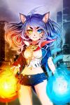  animal_ears belt blue_eyes blue_hair breasts cat_ears cat_shi chain chains cleavage denim denim_shorts fang flame glowing grin heterochromia jacket jewelry long_hair midriff nail_polish navel necklace open_mouth short_shorts shorts smile standing sword_girls tail torn_clothes yellow_eyes 