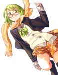  bespectacled bowtie fujita_(condor) glasses green_eyes green_hair gumi looking_at_viewer scarf school_uniform short_hair simple_background skirt smile solo vocaloid 