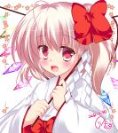  alternate_costume artist_name blonde_hair blush bow bust fang flandre_scarlet gohei hair_bow japanese_clothes long_sleeves looking_at_viewer lowres miko open_mouth red_eyes rika-tan_(artist) side_ponytail signature smile solo touhou wide_sleeves wings 