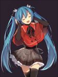  bisonbison black_background blue_hair closed_eyes dress eyes_closed hands_on_head hatsune_miku long_hair open_mouth simple_background solo thigh-highs thighhighs twintails very_long_hair vocaloid 