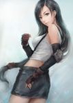  black_hair breasts brown_eyes earrings elbow_gloves elbow_pads final_fantasy final_fantasy_vii fingerless_gloves from_behind gloves highres jewelry long_hair looking_back low-tied_long_hair materia miche miche55 midriff skirt smile solo suspenders tifa_lockhart 
