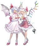  bat_wings blonde_hair blue_hair bow flandre_scarlet hat hat_ribbon holding lips long_hair looking_at_viewer mary_janes matsuda_(matsukichi) multiple_girls red_eyes remilia_scarlet ribbon shoes short_hair siblings side_ponytail simple_background sisters skirt touhou white_background wings wrist_cuffs 