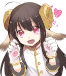  ahoge black_hair clenched_hand fang gloves head_wings heart horns long_hair open_mouth pink_eyes pinko sheep_horns smile tartaros_online tuuuh white_gloves 