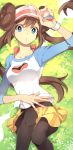  1girl black_legwear blue_eyes bow brown_hair double_bun grass heal_ball holding holding_poke_ball legwear_under_shorts long_hair long_image looking_at_viewer lying mei_(pokemon) nana0813 on_back pantyhose poke_ball pokemon pokemon_(game) pokemon_bw2 premier_ball raglan_sleeves shorts solo tall_image twintails very_long_hair visor_cap watch wristwatch 