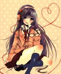  :d black_legwear blush glasses glasses_removed headphones heart heart_of_string holding holding_glasses kneehighs knees looking_at_viewer necktie open_mouth original polka_dot polka_dot_background red_eyes shiori_(xxxsi) sitting skirt smile solo 