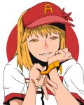  aki_shizuha alternate_costume baseball_cap blonde_hair clothes_writing feeding french_fries half-closed_eyes hat head_rest leaf leaf_on_head looking_at_viewer onikobe_rin open_mouth shirt short_sleeves smile solo touhou visor_cap yellow_eyes 