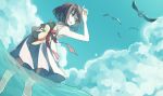  1girl arm_up bird bob_cut booota bow brown_eyes brown_hair cloud clouds dress hat hat_bow hat_removed headwear_removed looking_back original ribbon seagull short_hair solo sundress wading water 