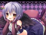  :d aono_ribbon black_wings blush boots brown_eyes chin_rest collar elbow_gloves gloves hair_ornament hairclip idolmaster idolmaster_cinderella_girls koshimizu_sachiko looking_at_viewer midriff on_stomach open_mouth pinstripe_pattern purple_hair short_hair skirt smile solo thigh-highs thigh_boots thighhighs wings 
