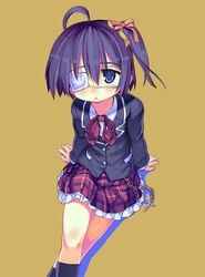  ahoge black_hair blazer blue_eyes blush chuunibyou_demo_koi_ga_shitai! cross crossed_legs eyepatch frilled_skirt hair_ribbon kawamura_tenmei kneehighs legs_crossed plaid plaid_skirt ribbon school_uniform side_ponytail sitting skirt solo takanashi_rikka yellow_background 