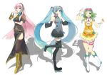  aqua_eyes aqua_hair bare_shoulders blue_eyes blush boots breasts detached_sleeves dress goggles goggles_on_head green_eyes green_hair gumi hair_ornament hairband hatsune_miku headset long_hair looking_at_viewer megurine_luka multiple_girls navel necktie open_mouth pink_hair pochi_(pochi-goya) short_hair skirt smile thigh-highs thigh_boots thighhighs twintails v very_long_hair vocaloid wink 