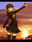  black_legwear border bow brown_eyes brown_hair doujima_nanako hair_bow highres houndstooth letterboxed persona persona_4 pointing recording school_uniform short_twintails solo teenage thigh-highs thighhighs twintails unmoving_pattern viewfinder yuzucchi zettai_ryouiki 