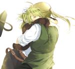  1girl ^_^ belt blonde_hair closed_eyes couple edward_elric eyes_closed fullmetal_alchemist gloves hand_on_another&#039;s_head hand_on_another's_head highres hug long_hair mitsu_yomogi side_ponytail white_gloves winry_rockbell 